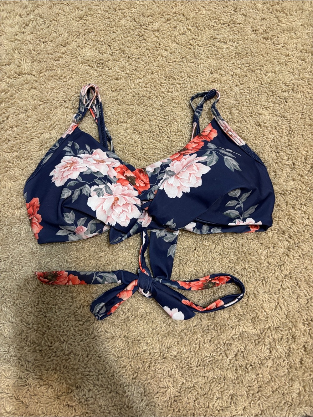 Amazon Navy Floral Tie-Front Bikini Top with Pink and Coral Blooms
